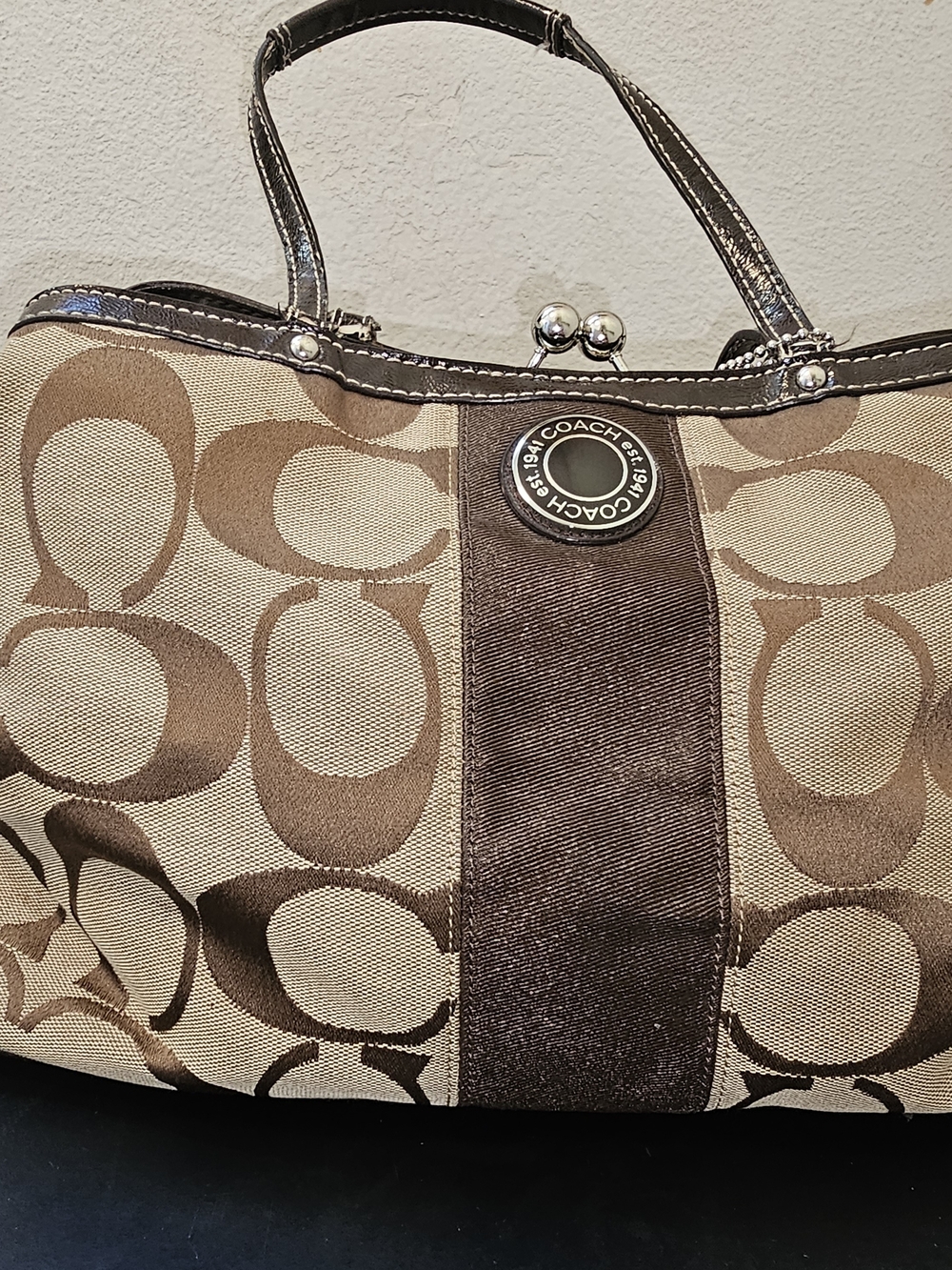 Coach Brown Signature Monogram Shoulder Bag with Dark Brown Stripe